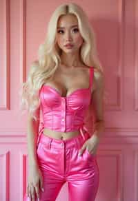 full body shot of sexy woman dressed up in full hot pink with Barbie clothes platinum blonde hair, hot pink style