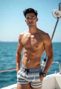 man in  swim shorts on a yacht, enjoying the sun and sea