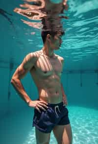 man in  swim shorts underwater, showcasing athletic ability