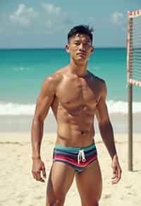 man in  swim trunks on a beach volleyball court, ready to serve