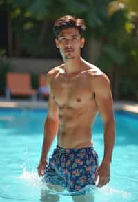 man in  swim shorts by the poolside, making a splash