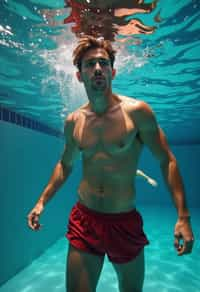 man in  swim shorts underwater, showcasing athletic ability