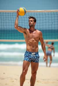 man in  swim trunks on a beach volleyball court, ready to serve