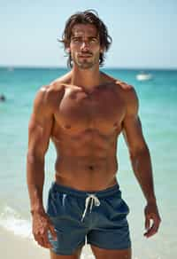 man in  swim shorts on the beach, wet hair,   men's health fitness magazine photos