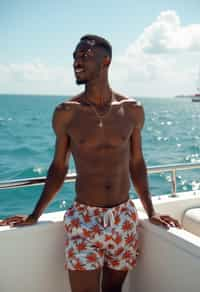 man in  swim shorts on a yacht, enjoying the sun and sea