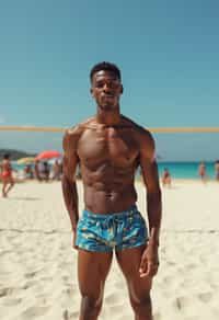 man in  swim trunks on a beach volleyball court, ready to serve