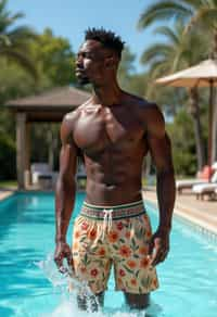 man in  swim shorts by the poolside, making a splash