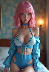 lingerie woman pvc latex masterpiece, best quality, (photorealism), reflections, lingerie, extremely detailed, extremely detailed CG unity 8k wallpaper, cinematic lighting, detailed background, lingerie, 1girl, solo, medium hair, (pink hair), shirt, skirt, detailed clothes, blue skirt, blue shirt, detached sleeves, white shirt, bangs, (blue eyes, detailed eyes), choker, ribbon earrings, detached sleeves, lookng at the viewer, from below,, wait, bedroom