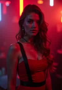 woman wearing (red bodycon dress) with (black suspenders garters)  in night club neon lights