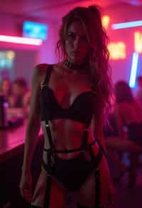 woman wearing (sexy nightlife lingerie club outfit mad max suspenders) with (black suspenders garters) in night club neon lights