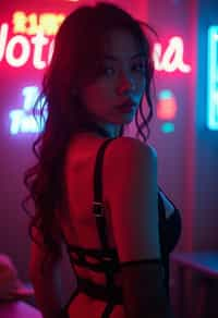 woman wearing (sexy nightlife lingerie club outfit mad max suspenders) with (black suspenders garters) in night club neon lights