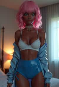 lingerie woman pvc latex masterpiece, best quality, (photorealism), reflections, lingerie, extremely detailed, extremely detailed CG unity 8k wallpaper, cinematic lighting, detailed background, lingerie, 1girl, solo, medium hair, (pink hair), shirt, skirt, detailed clothes, blue skirt, blue shirt, detached sleeves, white shirt, bangs, (blue eyes, detailed eyes), choker, ribbon earrings, detached sleeves, lookng at the viewer, from below,, wait, bedroom