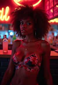 woman with hourglass figure,  in floral silk lingerie  at cocktail bar with neon lights