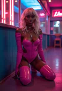 kneeling woman as woman, pink latex, thigh high boots night club, neon lights, platinum blonde