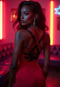 woman wearing (red bodycon dress) with (black suspenders garters)  in night club neon lights