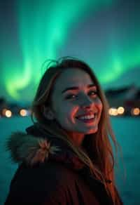 woman as digital nomad in Reykjavik with the Northern Lights in the background