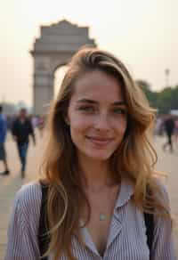 woman as digital nomad in Delhi with the India Gate in the background