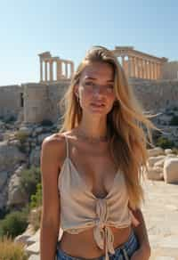 woman as digital nomad in Athens with the Acropolis in the background