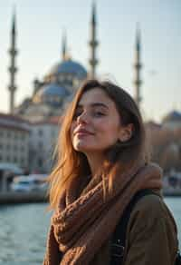 woman as digital nomad in Istanbul with The Mosque in background