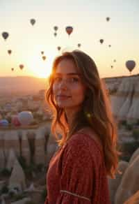 Breathtakingly woman as digital nomad with hot air balloons in the background in cappadocia, Türkiye. Cappadocia, Turkey