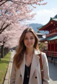 woman as digital nomad in Japan with Japanese Cherry Blossom Trees and Japanese temples in background