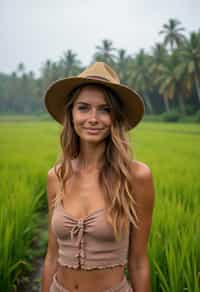 woman as digital nomad in Canggu, Bali near rice fields