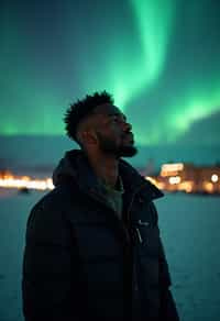 man as digital nomad in Reykjavik with the Northern Lights in the background