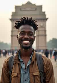 man as digital nomad in Delhi with the India Gate in the background