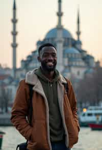 man as digital nomad in Istanbul with The Mosque in background