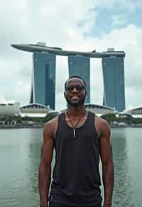 man as digital nomad in Singapore with Marina Bay Sands in background