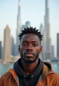 man as digital nomad in Dubai with skyline in background