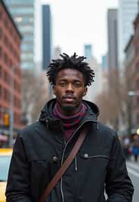 man as digital nomad in New York City with Manhattan in background