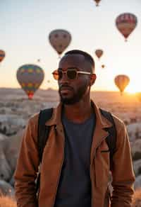 Breathtakingly man as digital nomad with hot air balloons in the background in cappadocia, Türkiye. Cappadocia, Turkey