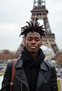 man as digital nomad in Paris with the Eiffel Tower in background