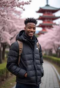 man as digital nomad in Japan with Japanese Cherry Blossom Trees and Japanese temples in background