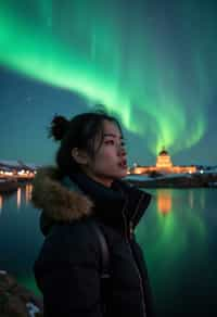 woman as digital nomad in Reykjavik with the Northern Lights in the background