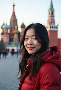 woman as digital nomad in Moscow with the Kremlin in the background