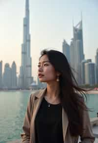 woman as digital nomad in Dubai with skyline in background