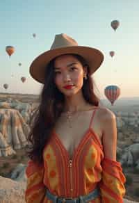 Breathtakingly woman as digital nomad with hot air balloons in the background in cappadocia, Türkiye. Cappadocia, Turkey