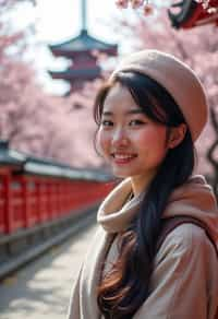 woman as digital nomad in Japan with Japanese Cherry Blossom Trees and Japanese temples in background