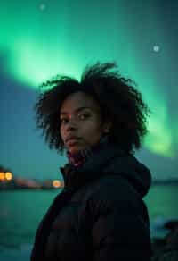 woman as digital nomad in Reykjavik with the Northern Lights in the background