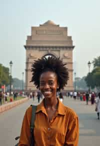 woman as digital nomad in Delhi with the India Gate in the background