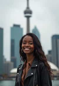 woman as digital nomad in Toronto with the CN Tower in the background