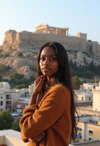 woman as digital nomad in Athens with the Acropolis in the background