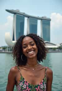 woman as digital nomad in Singapore with Marina Bay Sands in background