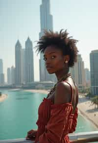 woman as digital nomad in Dubai with skyline in background