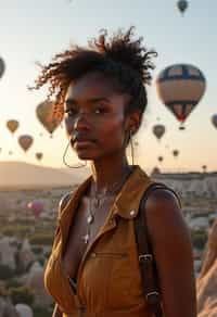 Breathtakingly woman as digital nomad with hot air balloons in the background in cappadocia, Türkiye. Cappadocia, Turkey