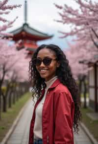 woman as digital nomad in Japan with Japanese Cherry Blossom Trees and Japanese temples in background