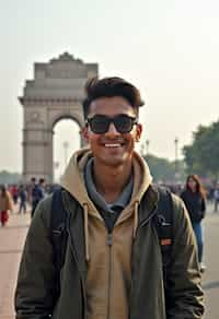 man as digital nomad in Delhi with the India Gate in the background