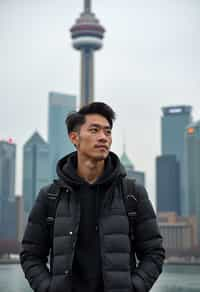 man as digital nomad in Toronto with the CN Tower in the background